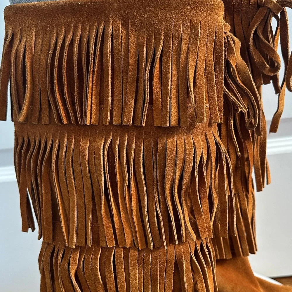 Michael Kors Brown Caramel Tiered Fringe Western Suede Leather Boho Boots Size 7 - Picture 6 of 13